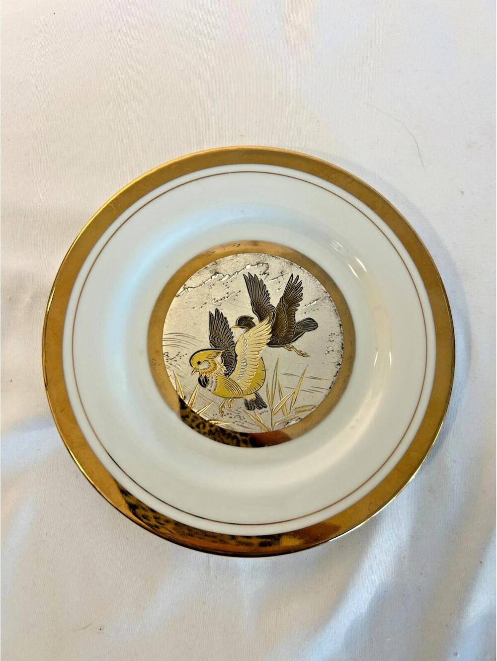 The Art of Chokin Silver And Gold Decorative Bird Plate 6.5” MADE IN JAPAN